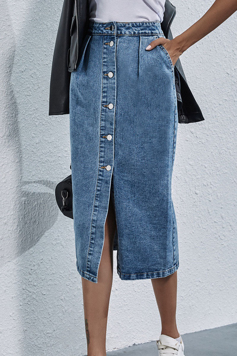 Ivyshape | High-Waist Button-Front Long Denim Skirt