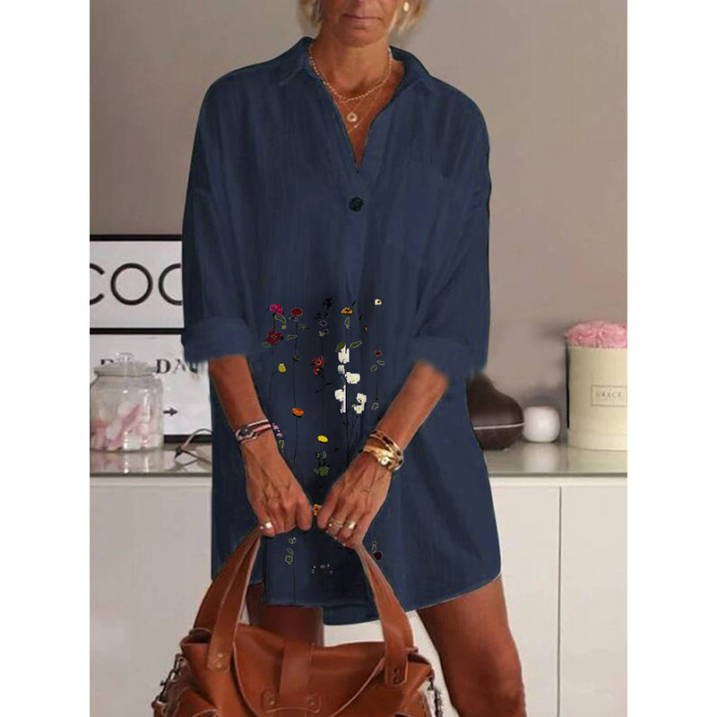 Ivyshape | Loose Skirt Women's Lapel Retro Print Long-Sleeved Shirt Dress