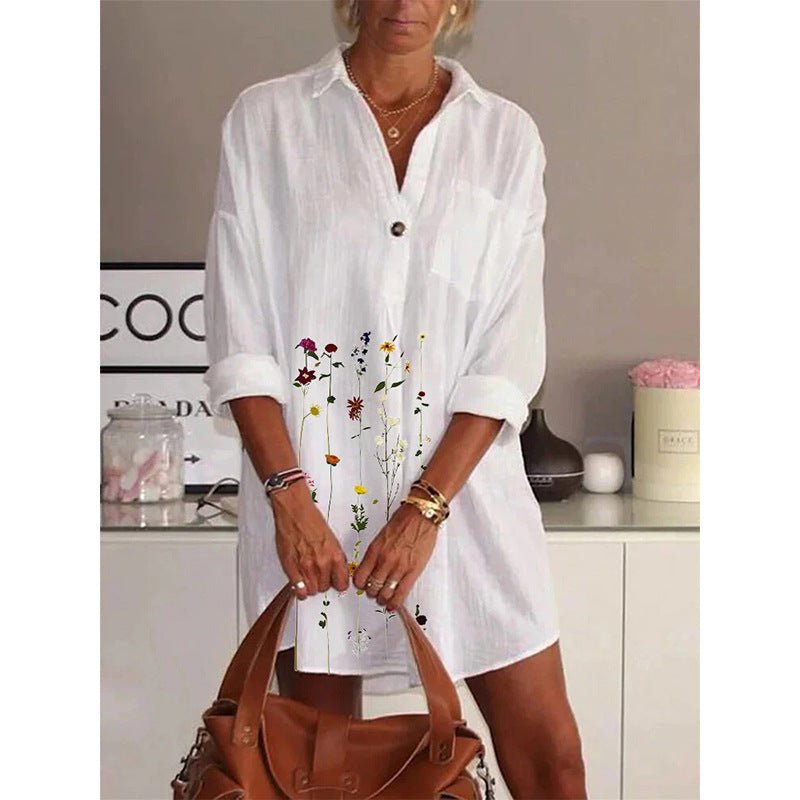 Ivyshape | Loose Skirt Women's Lapel Retro Print Long-Sleeved Shirt Dress