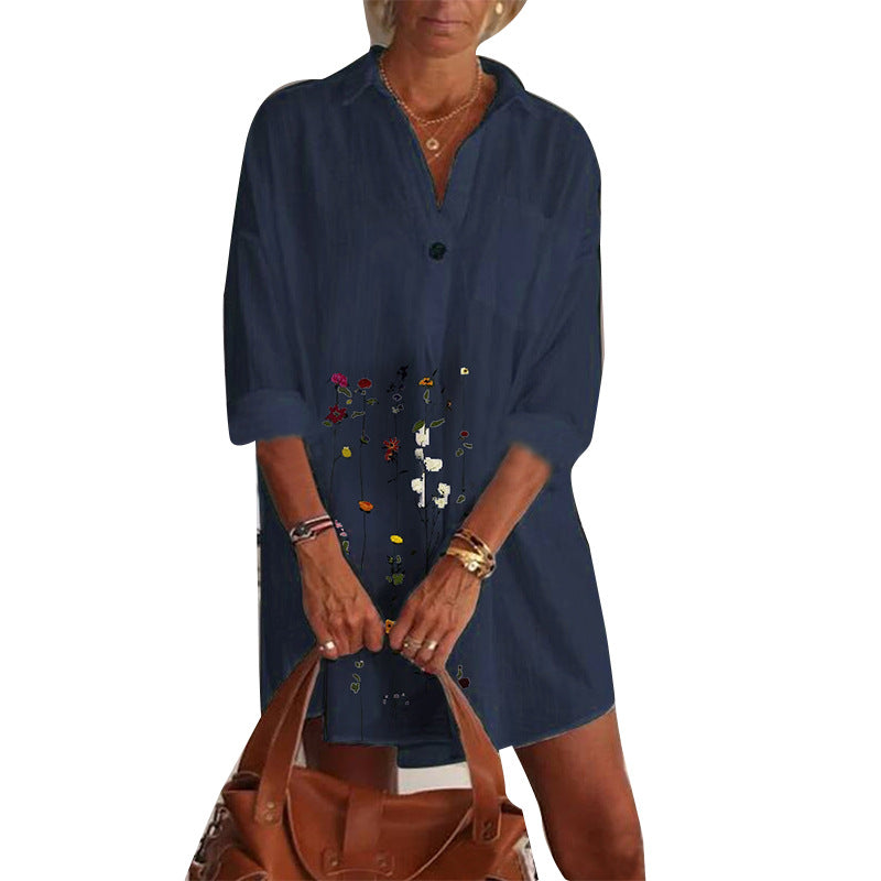 Ivyshape | Loose Skirt Women's Lapel Retro Print Long-Sleeved Shirt Dress