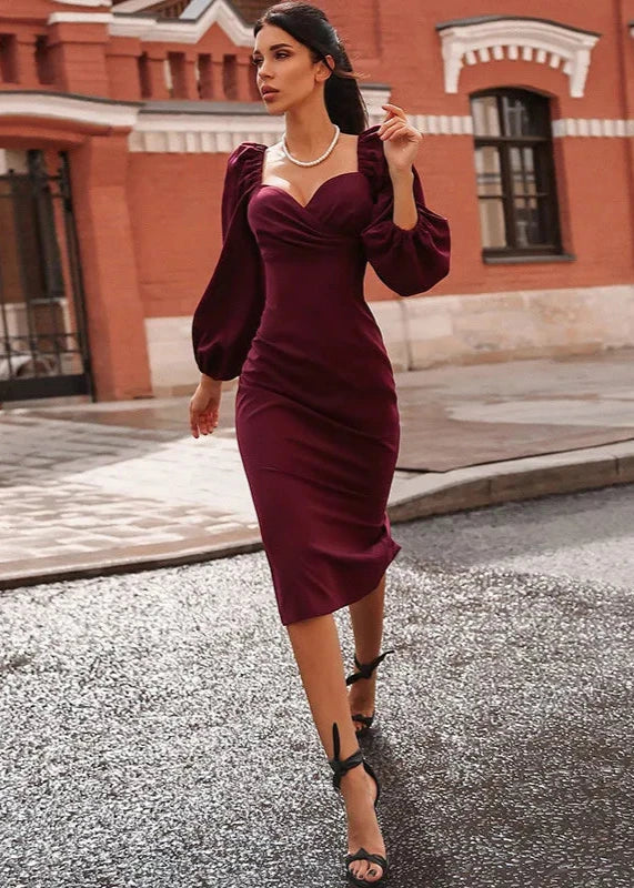 Ivyshape | Sleeve Elegant Midi Dress Waist-Cinching Silhouette