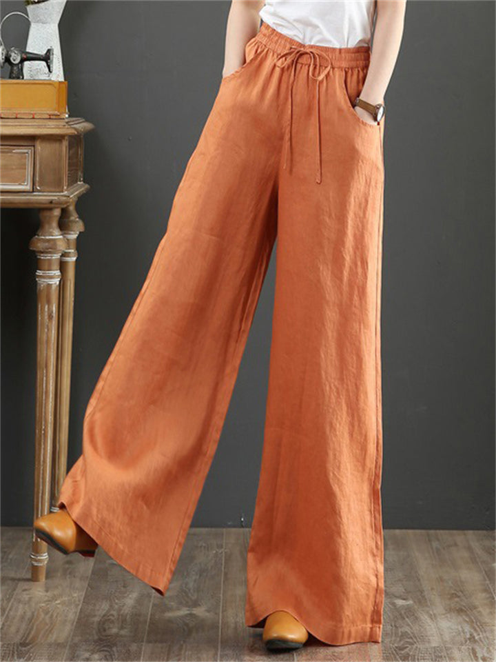 Women's Simple Linen High Waist Drawstring Wide Leg Pants