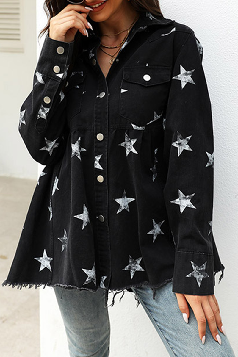 Ivyshape | Stars Tassel Buckle Turndown Collar Long Sleeve Denim Jacket