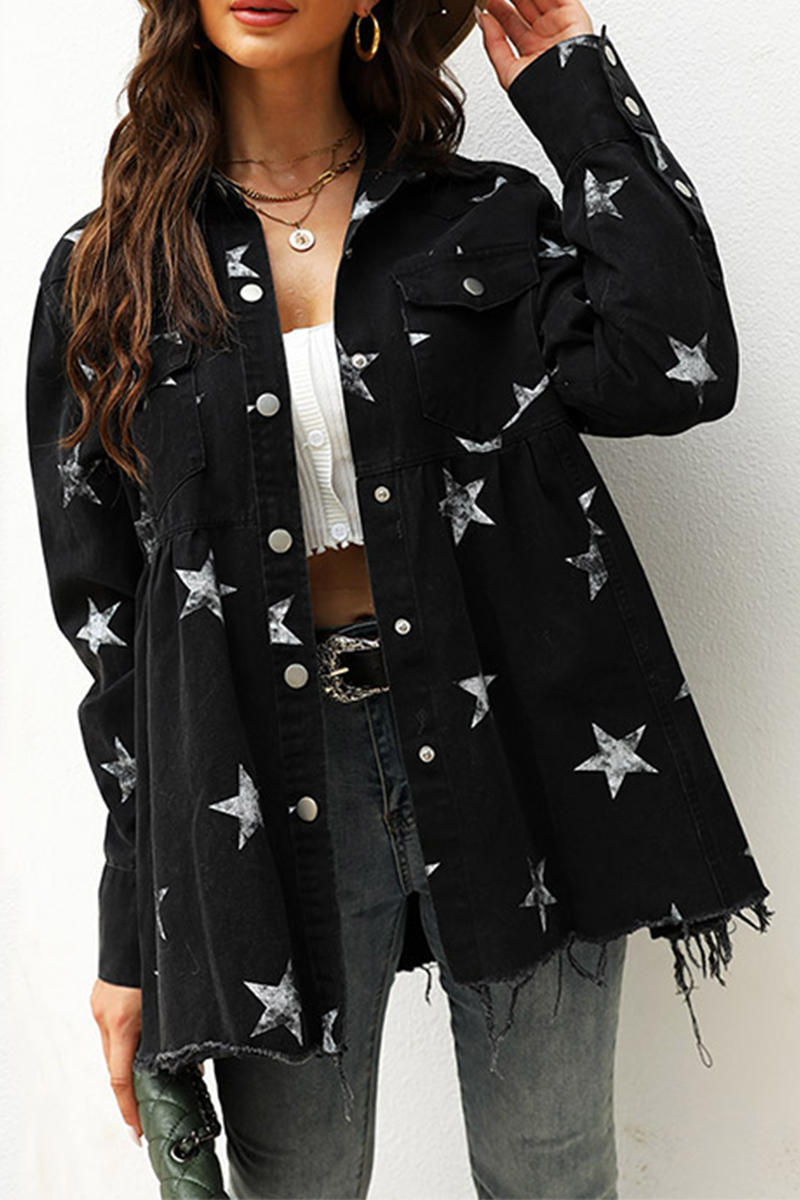 Ivyshape | Stars Tassel Buckle Turndown Collar Long Sleeve Denim Jacket