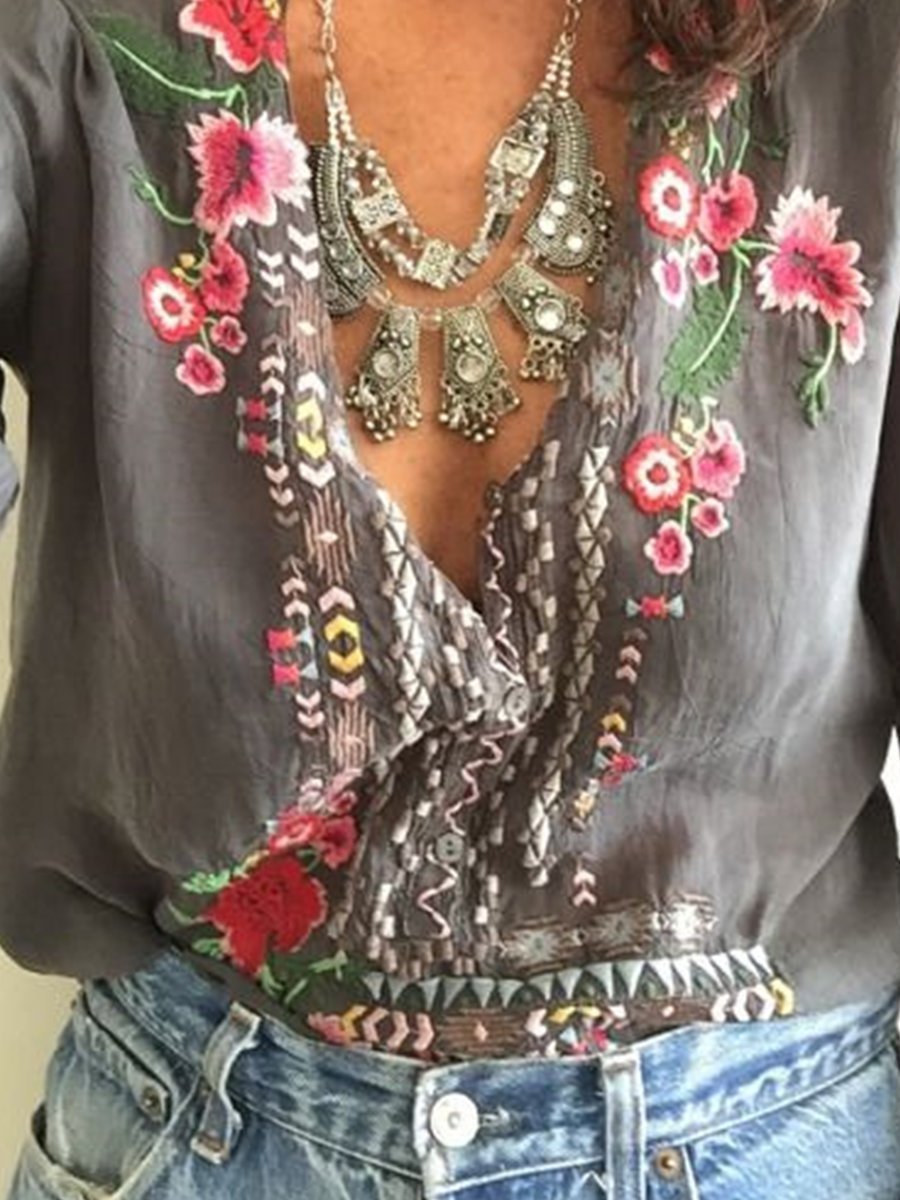 Bohemian Floral Casual V-Neckline Sleeves Peasant Blouses Tops