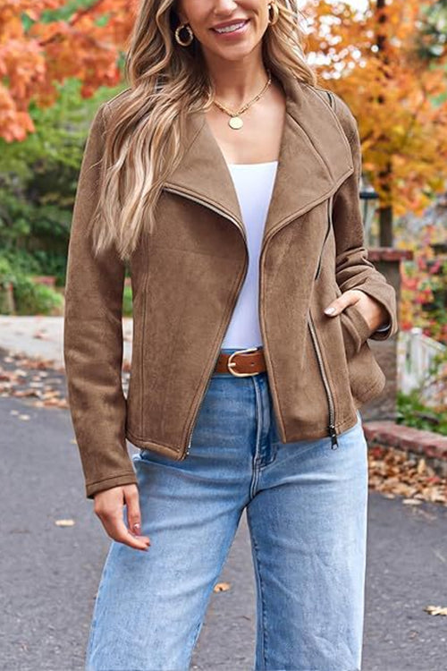 Ivyshape | Up Pocketed Faux Suede Moto Jacket