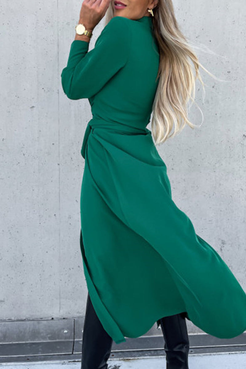 Ivyshape | Long Sleeve Dress With Belt And Turn Down Collar