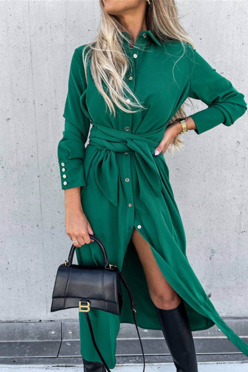 Ivyshape | Long Sleeve Dress With Belt And Turn Down Collar