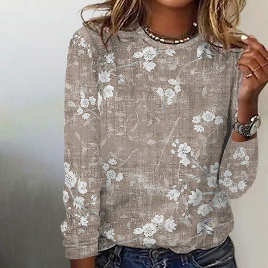 Ivyshape | Women Floral Pattern Round Neck Sweater Long Sleeves