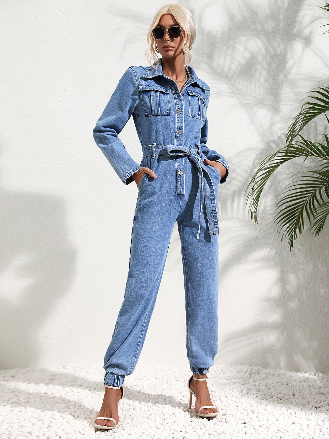 Ivyshape | Jumpsuit with Flap Pocket and Denim Belt