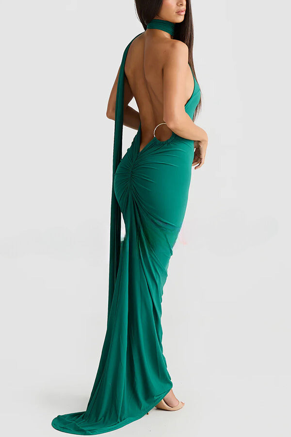 Sexy Backless Pleated Slim Solid Color Sleeveless Elegant Maxi Dress