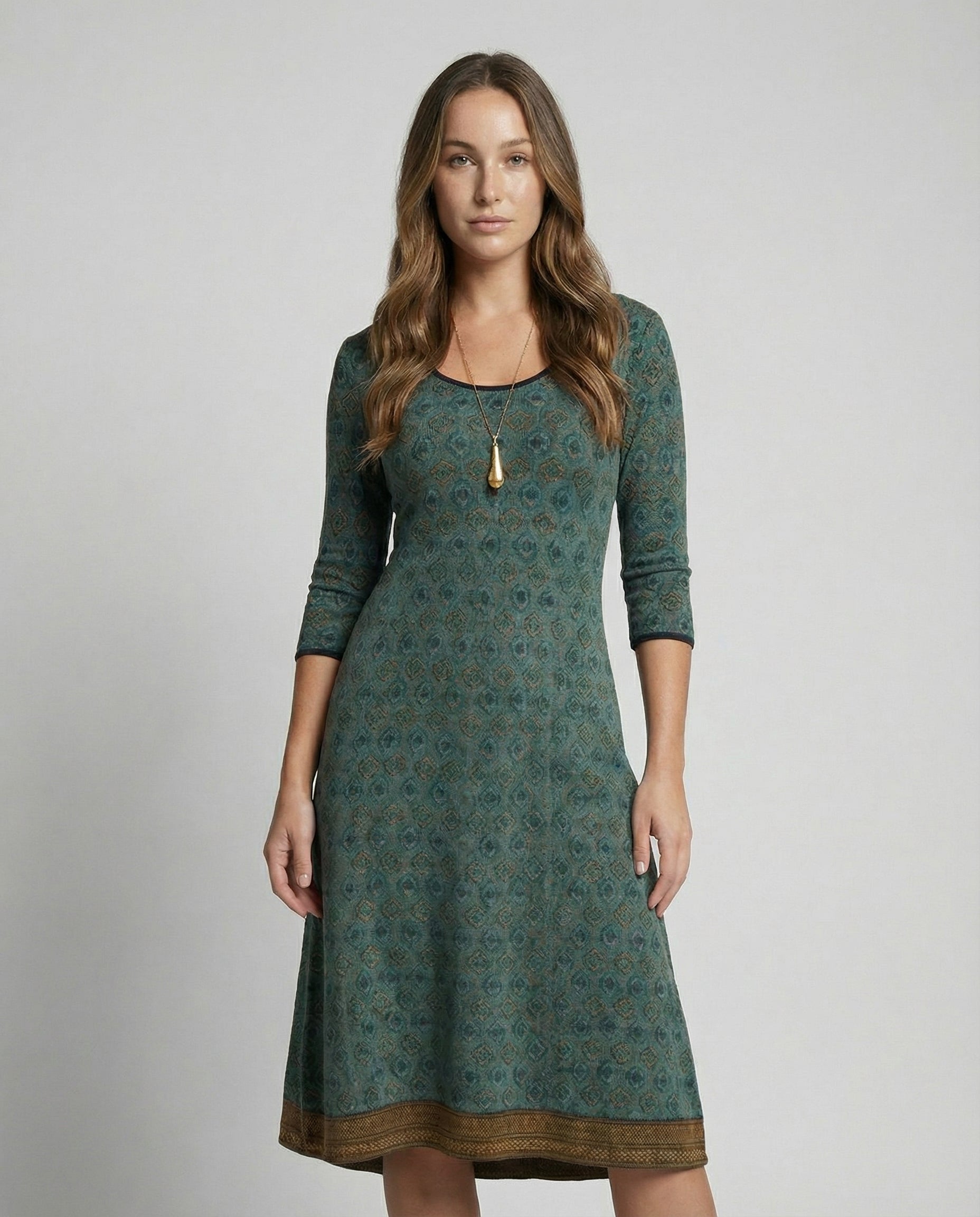 boho midi dress with flowing silhouette and three-quarter sleeves