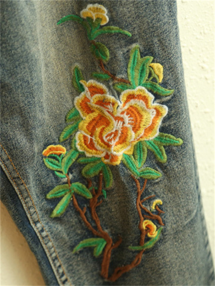 Vintage Floral Ripped Elastic Waist Blue Jeans for Lady