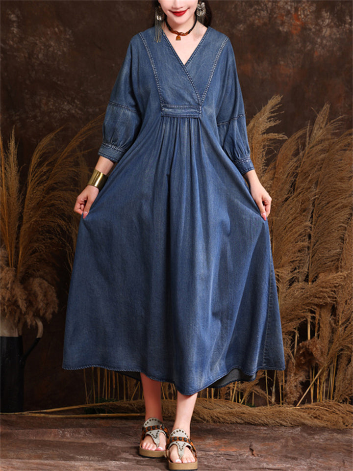 Women's Elegant V Neck Lantern Sleeve Pleated Denim Dress