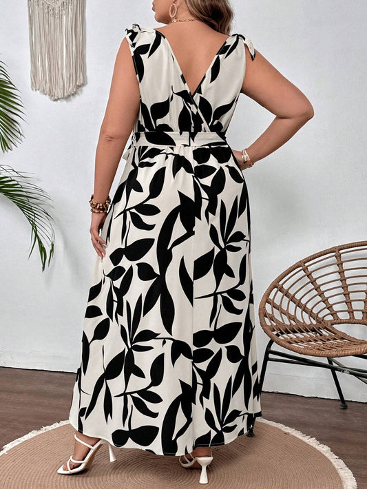 Ivyshape | Women's Elegant Leaf Print Dress Maxi