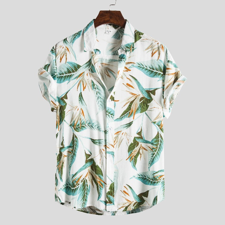 Men's Short Sleeve Shirt with Tropical Leaf Design and Relaxed Fit Ivyshape