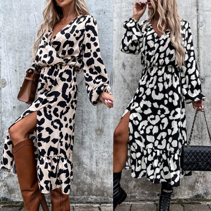 Ivyshape | Season Leopard Print Long Sleeve Slit Dress