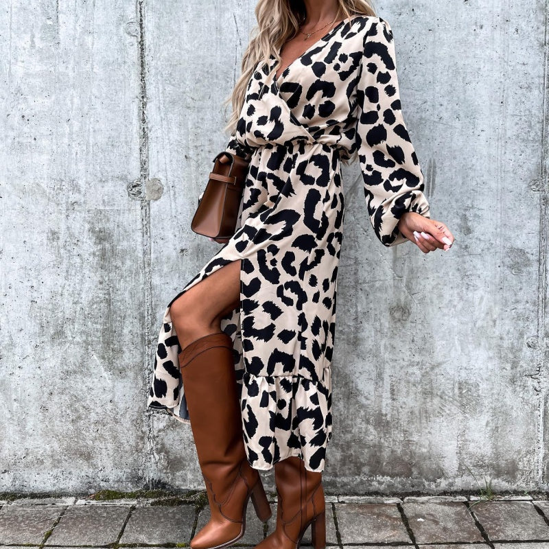 Ivyshape | Season Leopard Print Long Sleeve Slit Dress