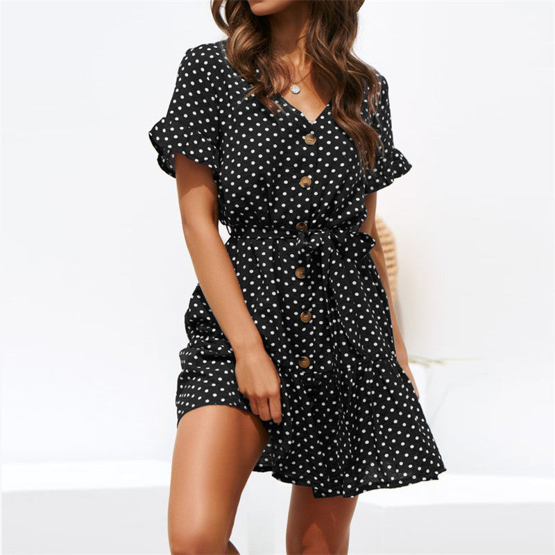 Women's Polka-Dots Dress with Step-by-Step Button Closure and Shaping Belt Ivyshape