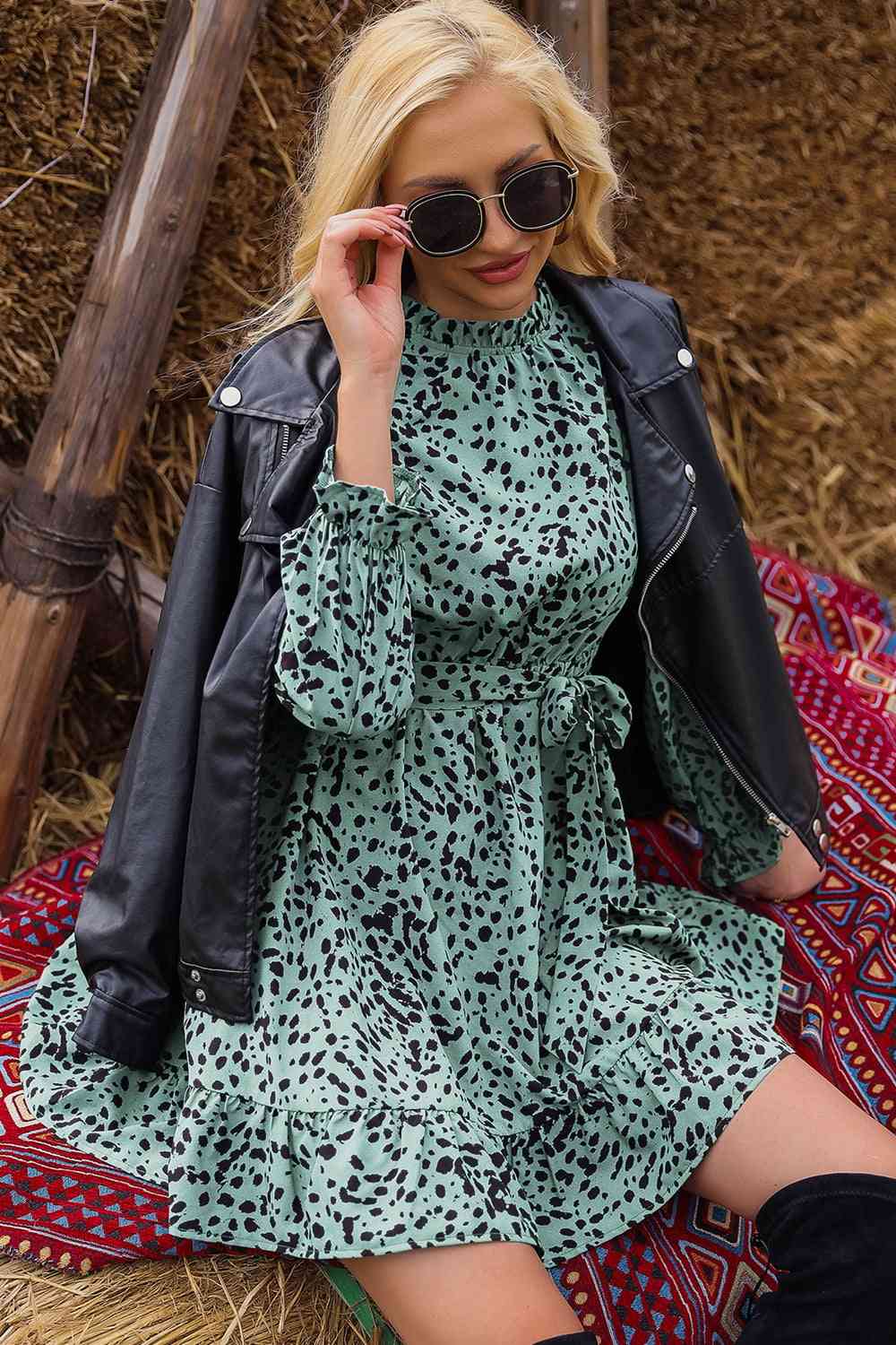 Printed Tie Waist Long Sleeve Mini Dress