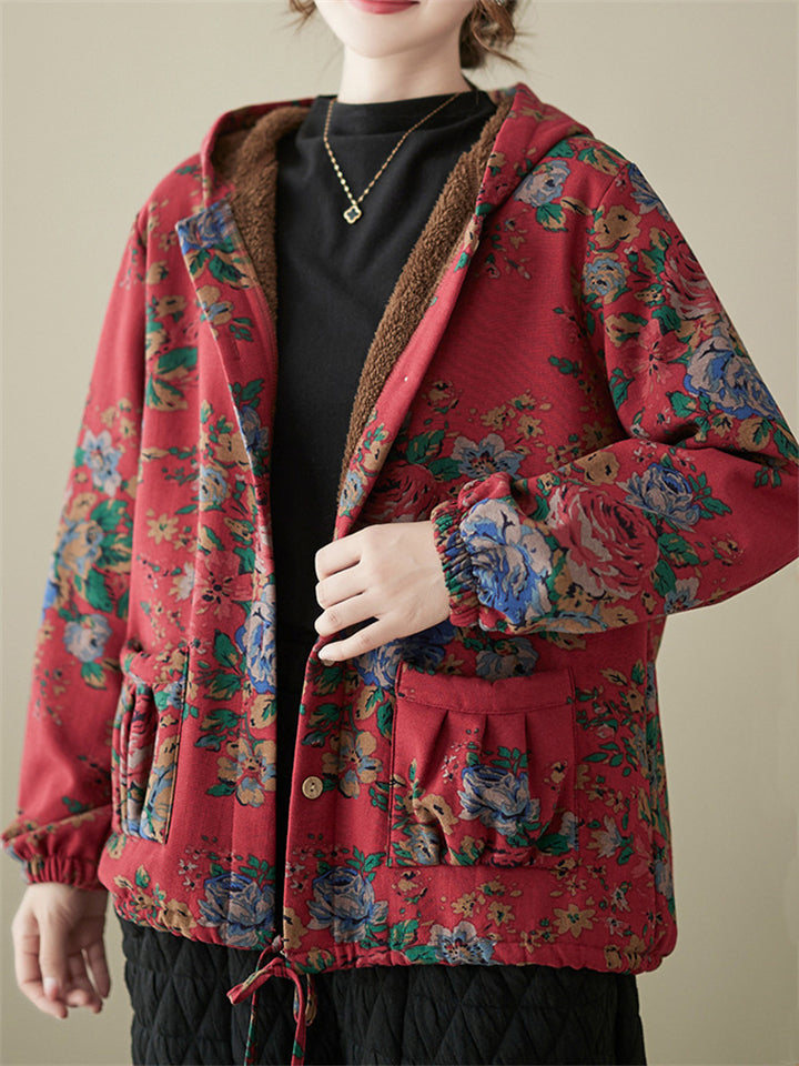 Winter Warm Beautiful Floral Hooded Cotton Coats