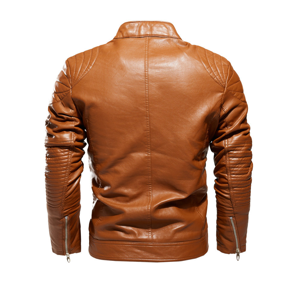 Men's biker jacket made of skillfully processed leather with striking quilted details and practical pockets Ivyshape