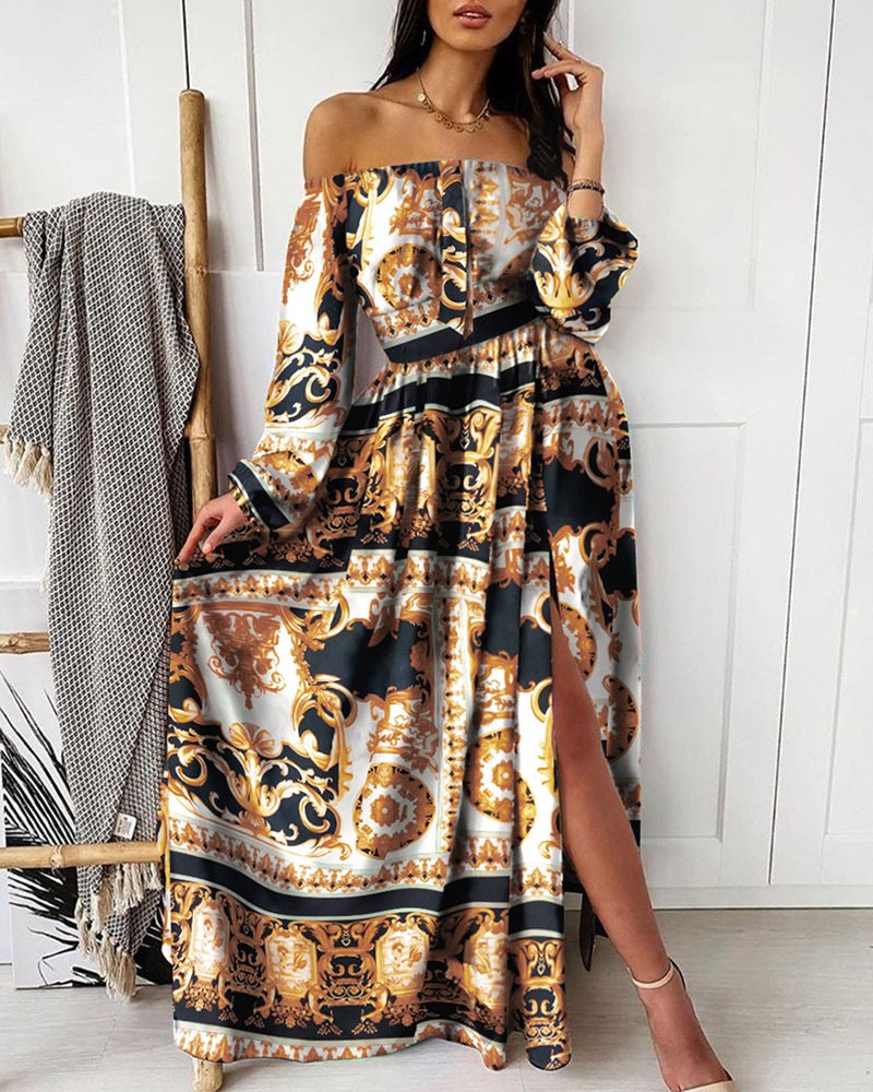 IvyShape | Printed V-Neck Long Sleeve Swing Split Dress