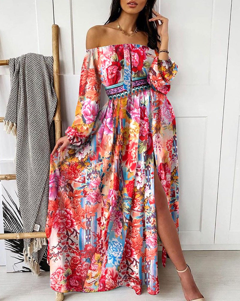 IvyShape | Printed V-Neck Long Sleeve Swing Split Dress