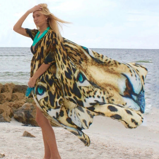 Women's beach kaftan with striking animal motif and flowing silhouette Ivyshape