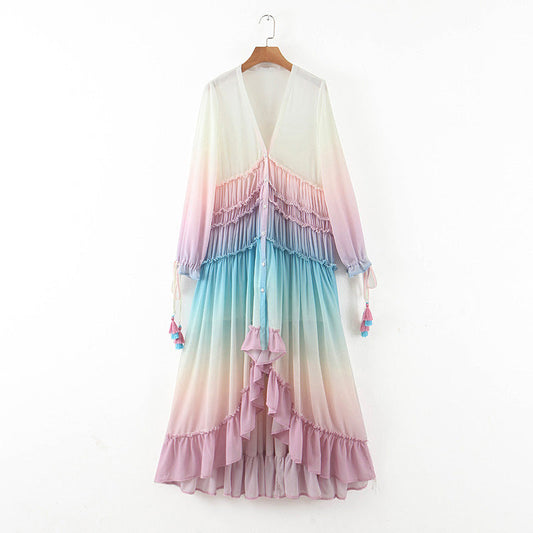 IvyShape | Deep V Long Sleeve Gradient Print Long Skirt