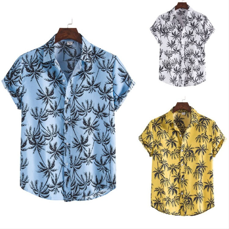 Men's Short Sleeve Shirt with Stylish Tropical Leaf Design and Relaxed Fit Ivyshape
