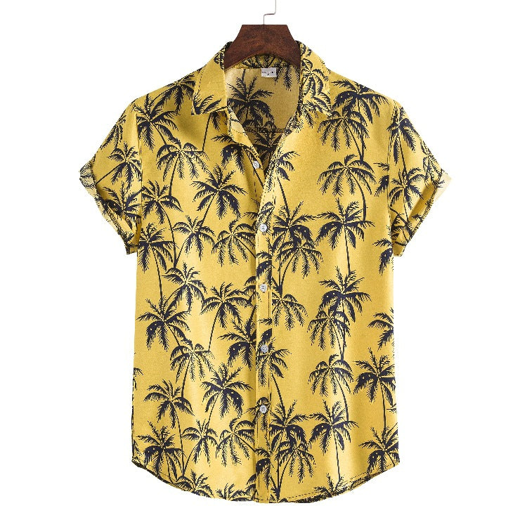 Men's Short Sleeve Shirt with Stylish Tropical Leaf Design and Relaxed Fit Ivyshape