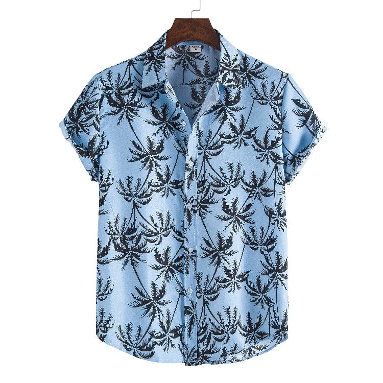 Men's Short Sleeve Shirt with Stylish Tropical Leaf Design and Relaxed Fit Ivyshape
