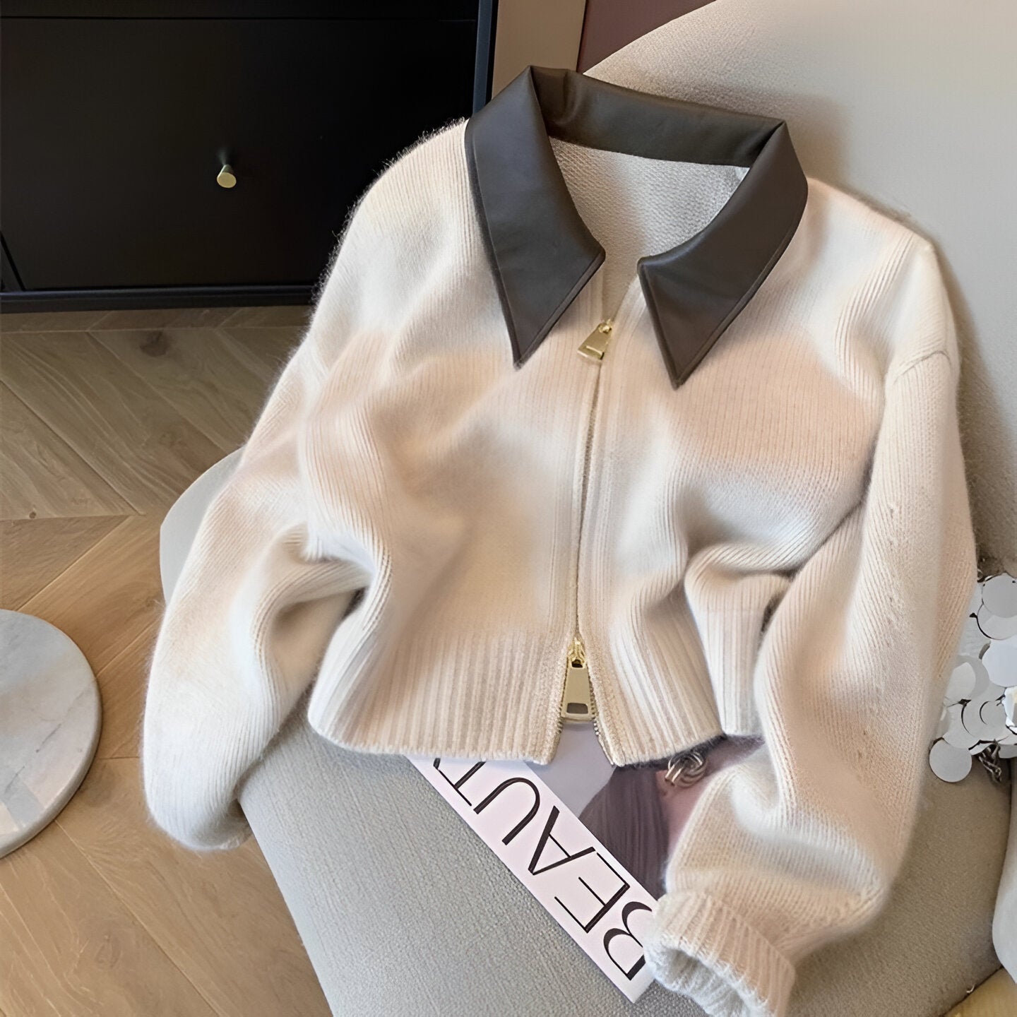 Ivyshape | Trendy Knit Sweater With Split Leather Collar