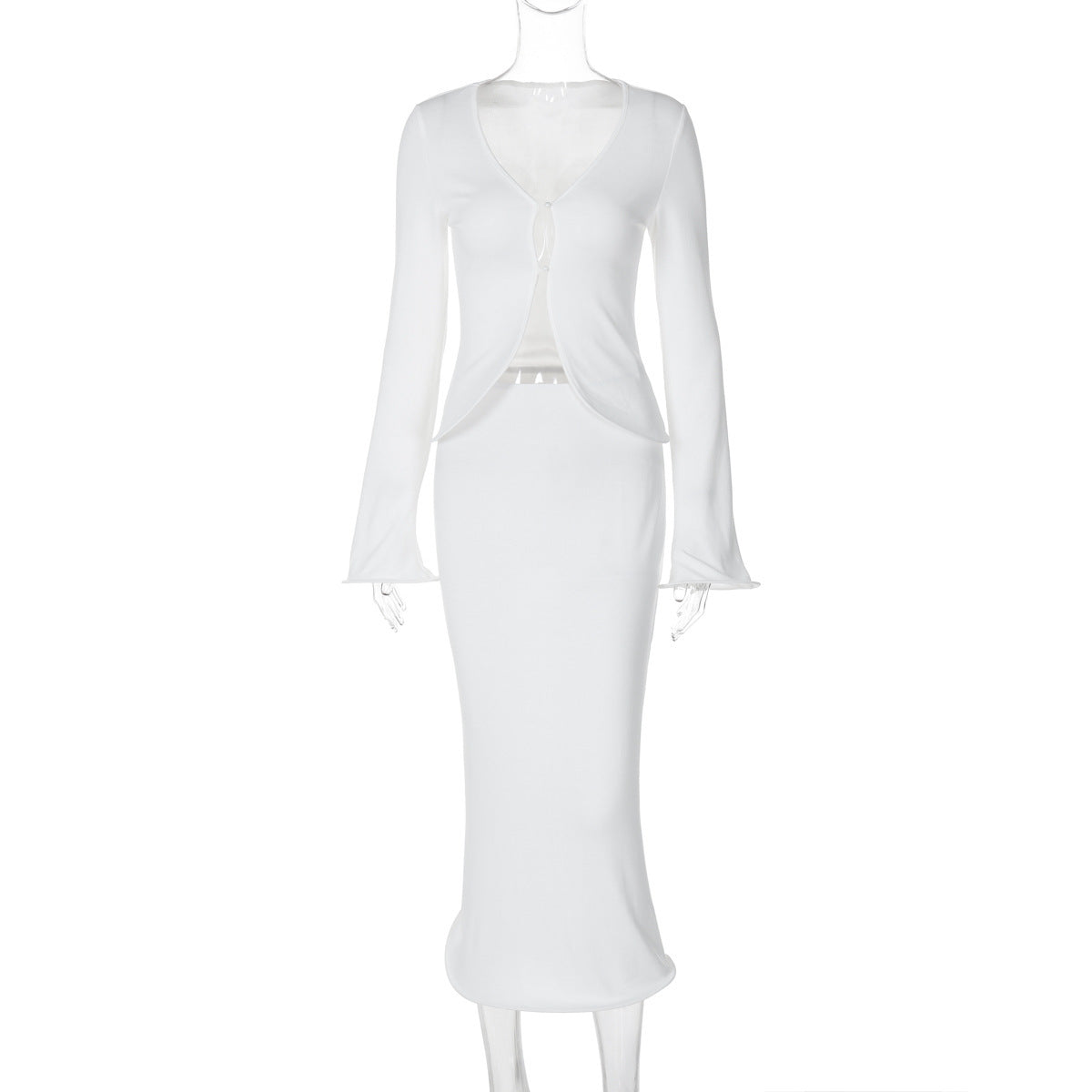 Ivyshape | Sleeve Cardigan Top with Slim Fit and Hip-Enhancing Skirt Suit