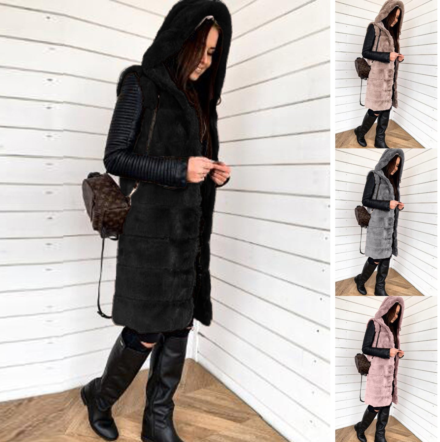 Women's Stylish Hooded Coat made of Faux Fur Ivyshape