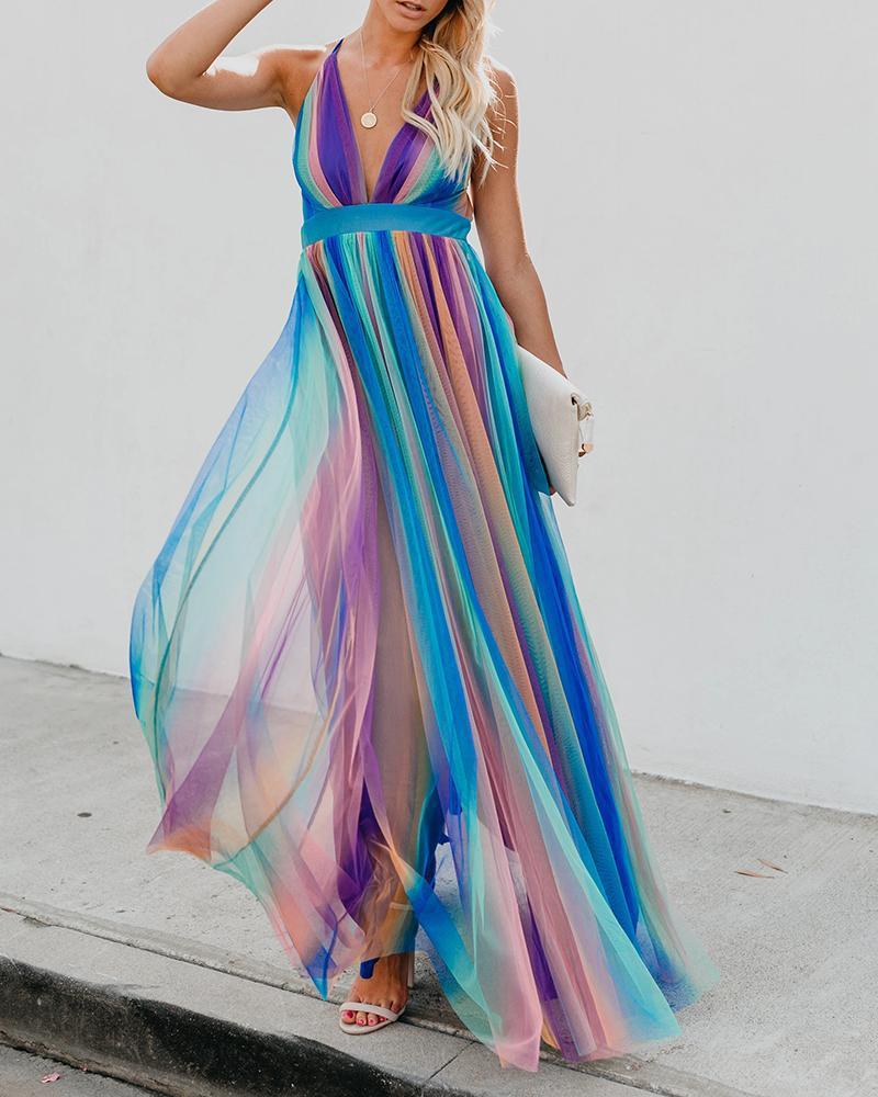 deep V rainbow mesh sling dress