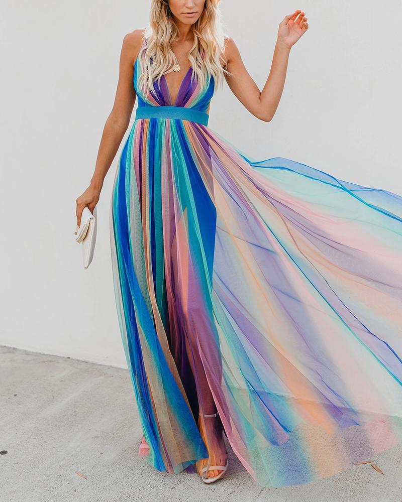 deep V rainbow mesh sling dress