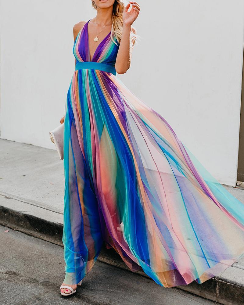 deep V rainbow mesh sling dress