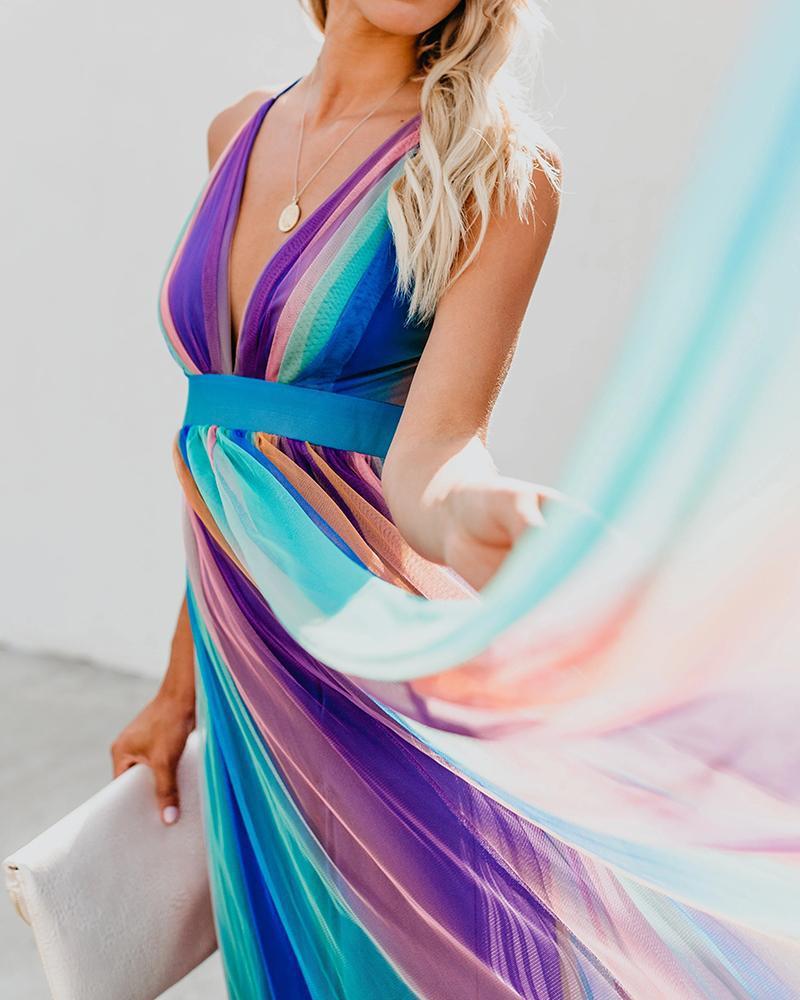 deep V rainbow mesh sling dress