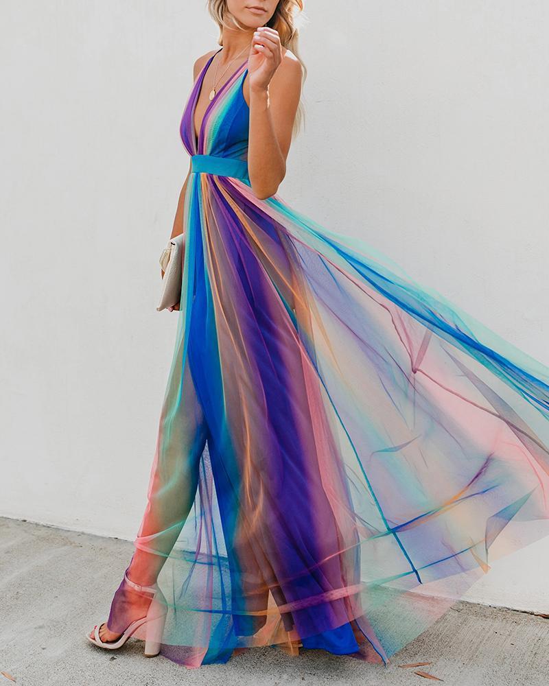 deep V rainbow mesh sling dress