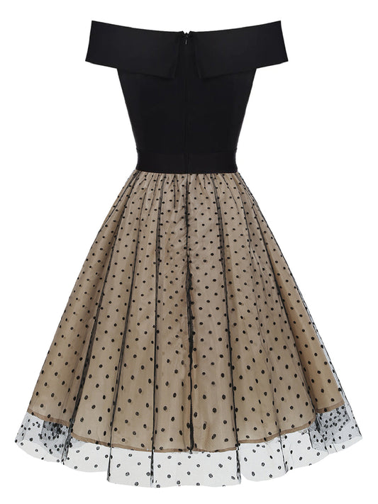 Black Polka Dot Off-shoulder Patchwork Dress