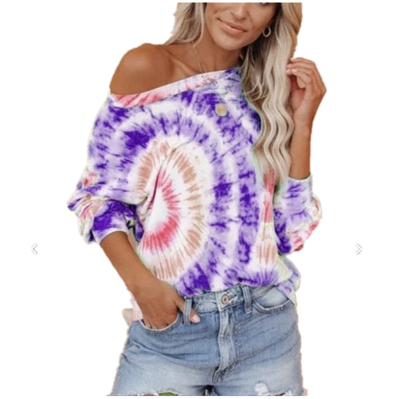 Ladies casual and stylish off-shoulder sweatshirt in tie-dye design Ivyshape