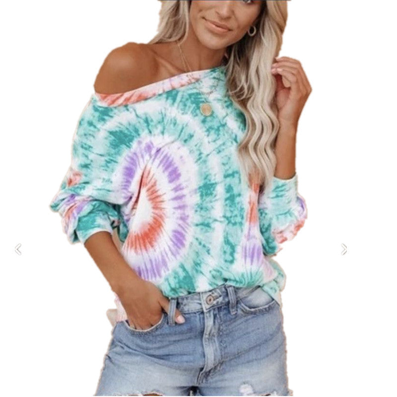 Ladies casual and stylish off-shoulder sweatshirt in tie-dye design Ivyshape