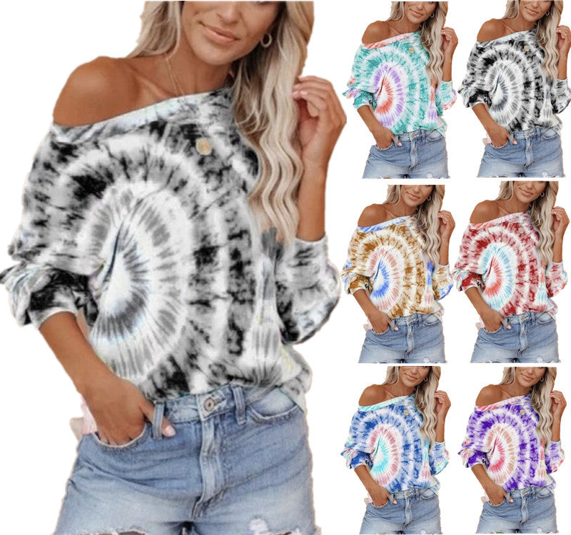 Ladies casual and stylish off-shoulder sweatshirt in tie-dye design Ivyshape
