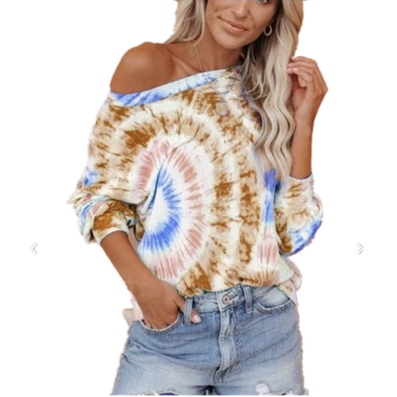 Ladies casual and stylish off-shoulder sweatshirt in tie-dye design Ivyshape