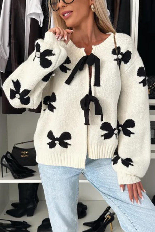 Ivyshape | Tie Round Neck Long Sleeve Knitted Cardigan