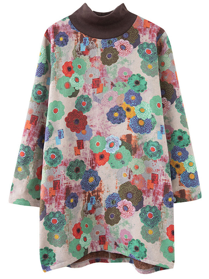 Colorful Flower High Neck Plush Liner Winter Dress