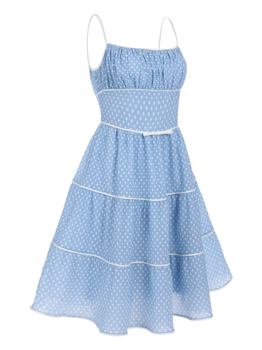 Sky Blue Strap Polka Dot Swing Dress