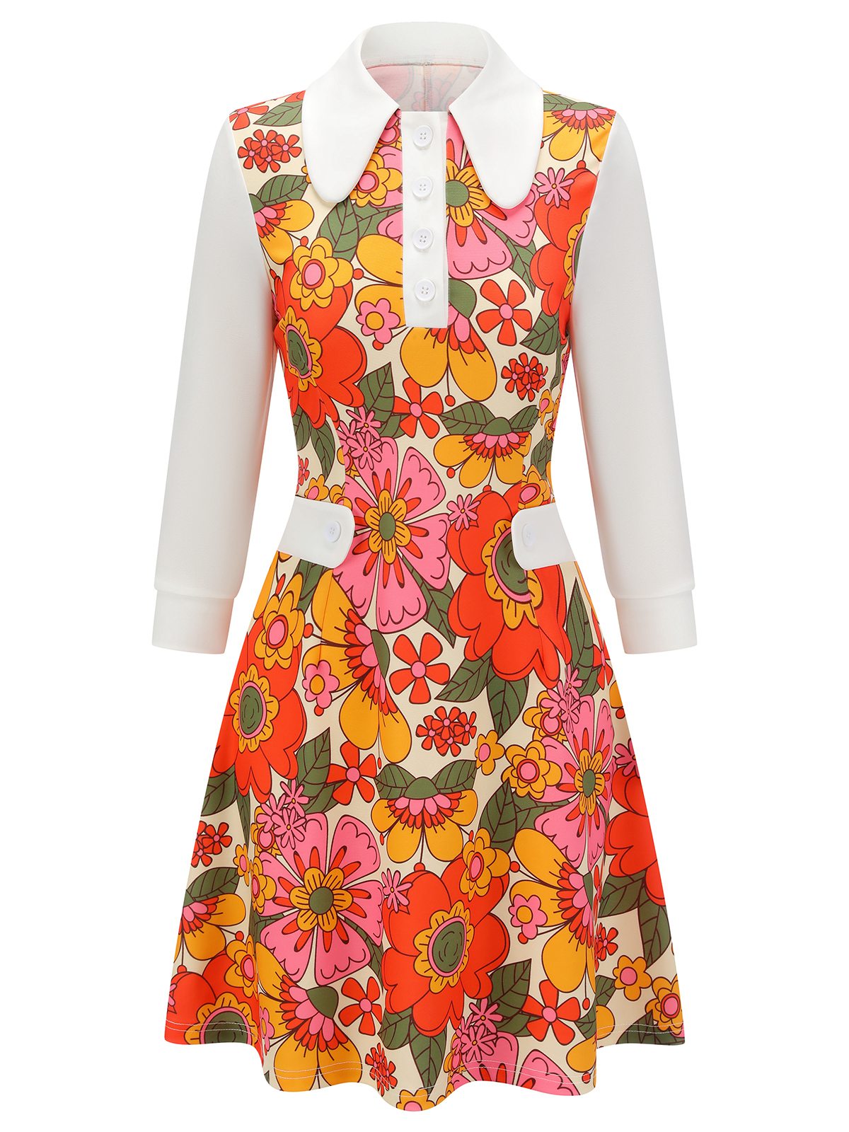 Pink  Lapel Flowers Patchwork Dress